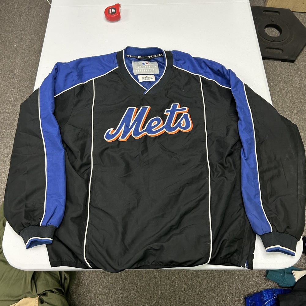 MLB New York Mets Windbreaker Mens Medium Black Blue V-Neck Pullover Jacket